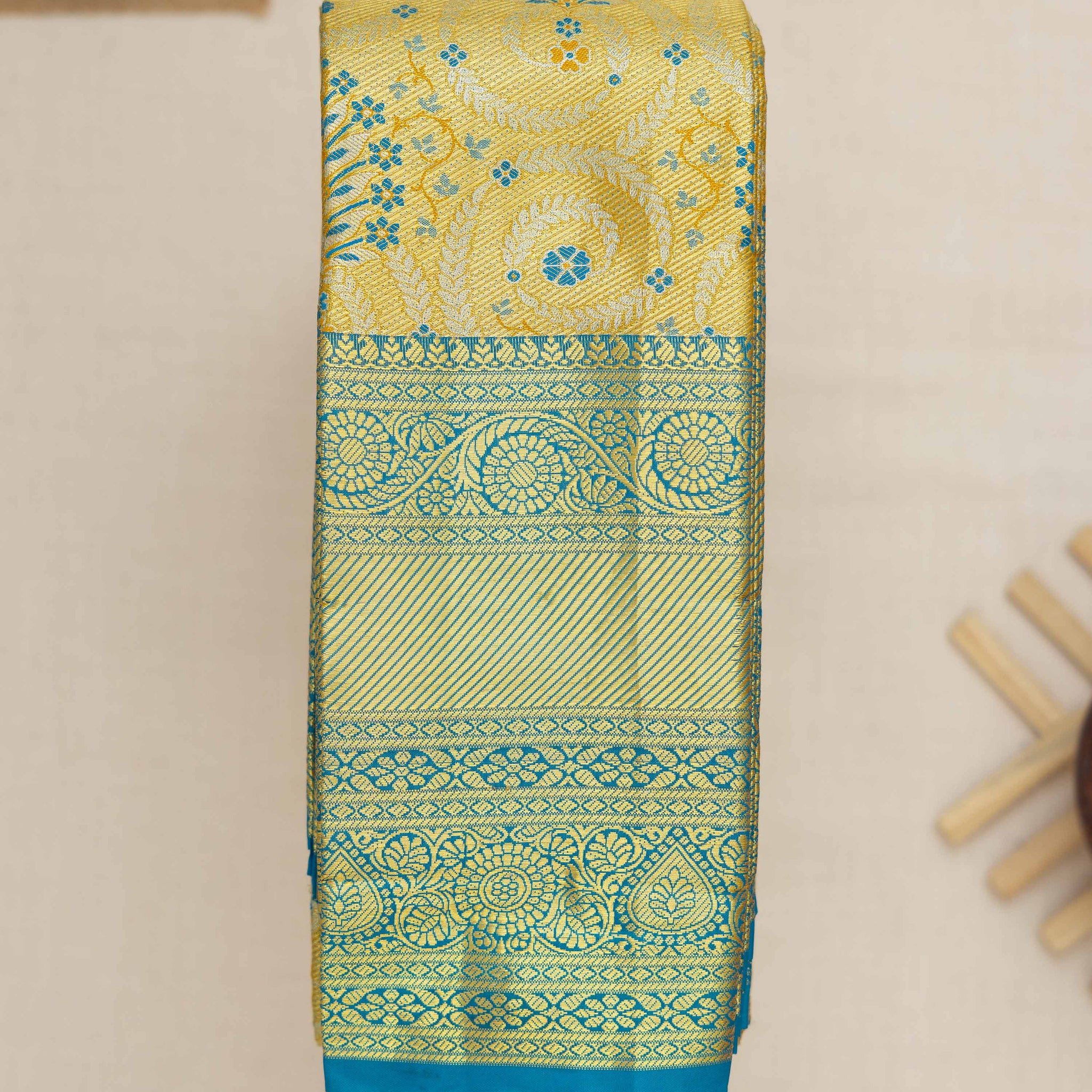 Lime Yellow Printed Kanchipuram Tissue Saree