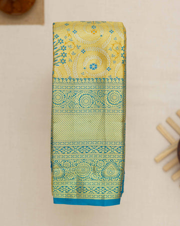 Lime Yellow Printed Kanchipuram Tissue Saree