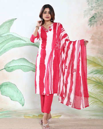 Women’s Readymade Salwar Suit Set with Printed Straight Kurta, Matching Pants and Stylish Dupatta - Red & White