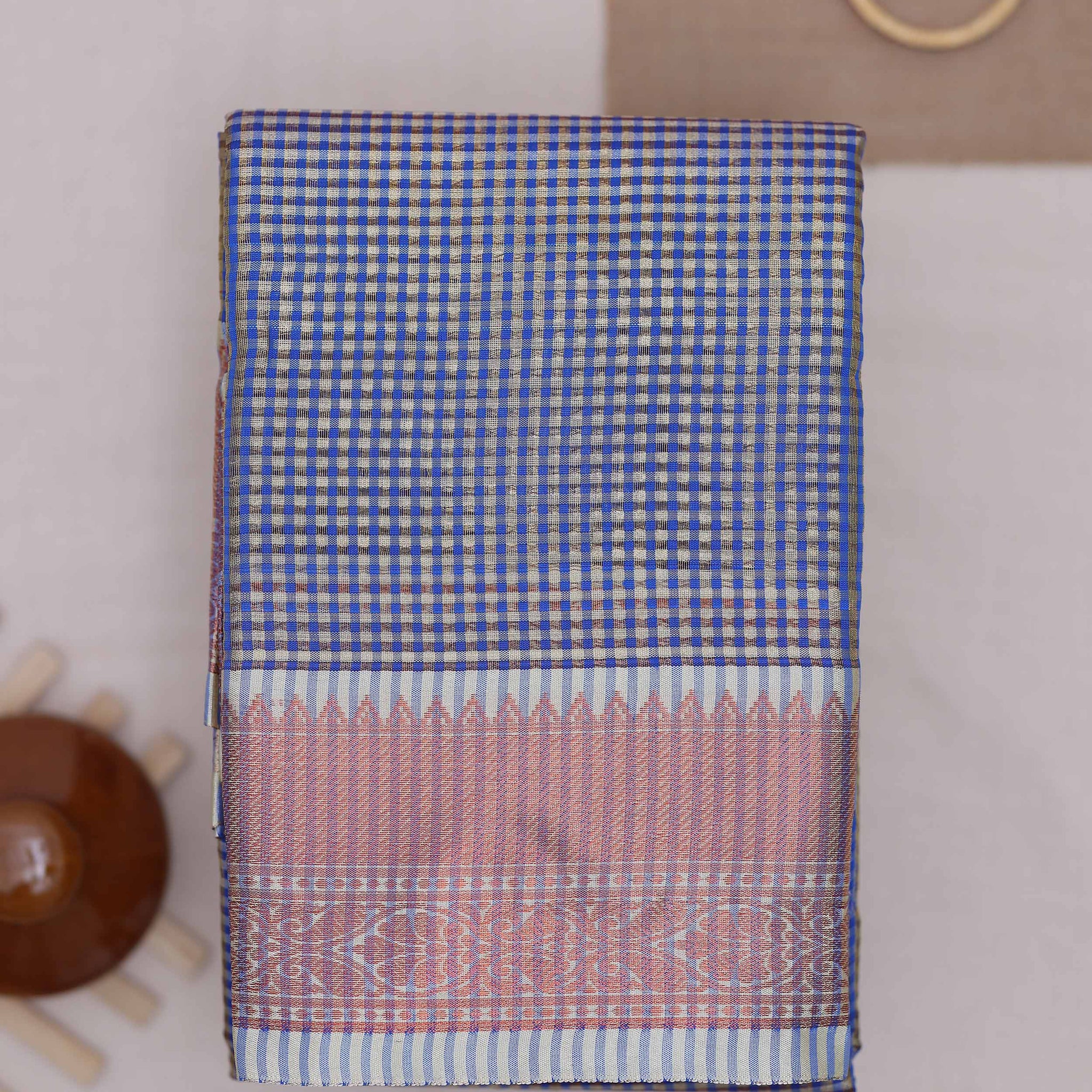 Nayanthara Blue Colour Checked Design Tissue Saree