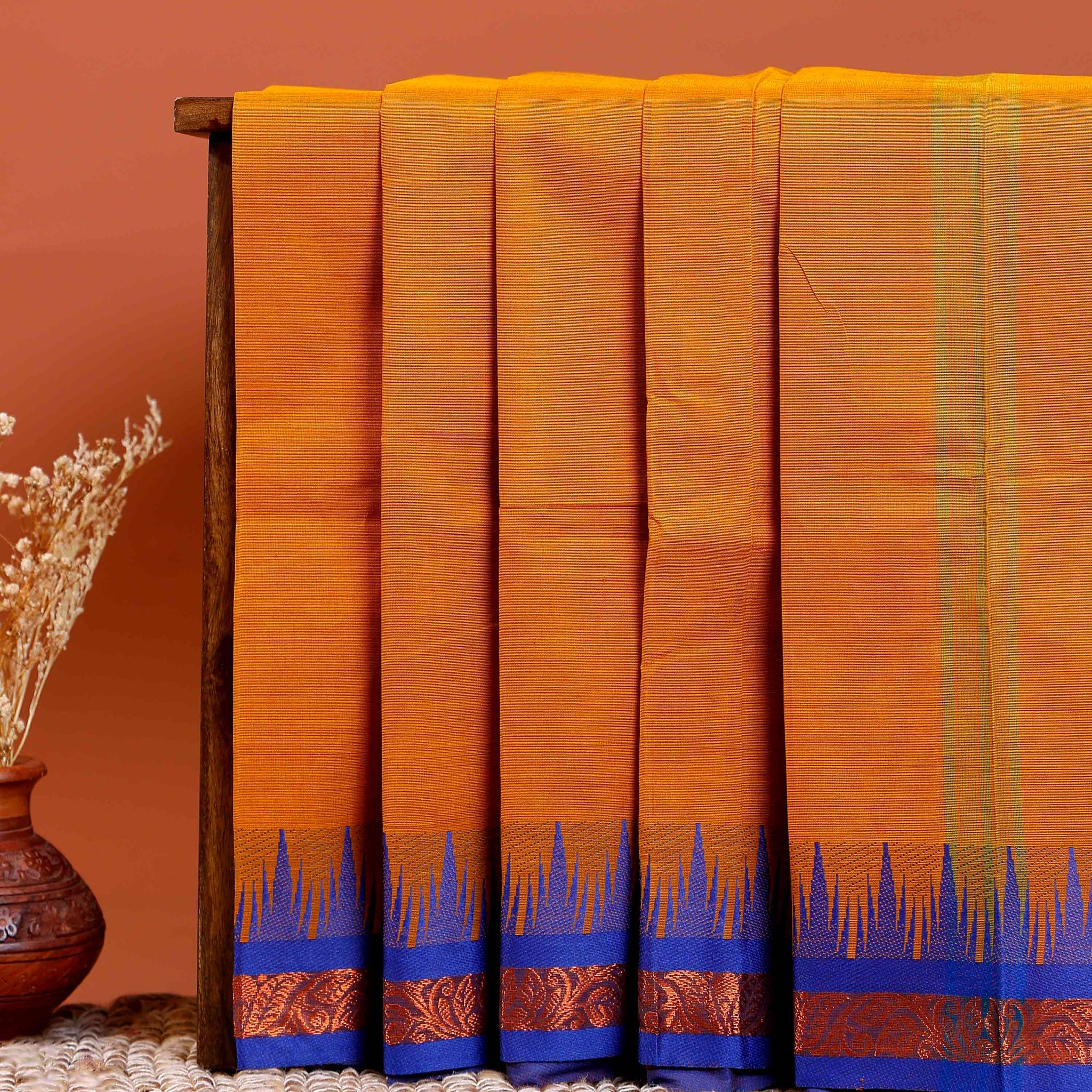 Traditional Chettinad Cotton Saree with Contrast Temple Border and Intricate Zari Detailing - Mustard