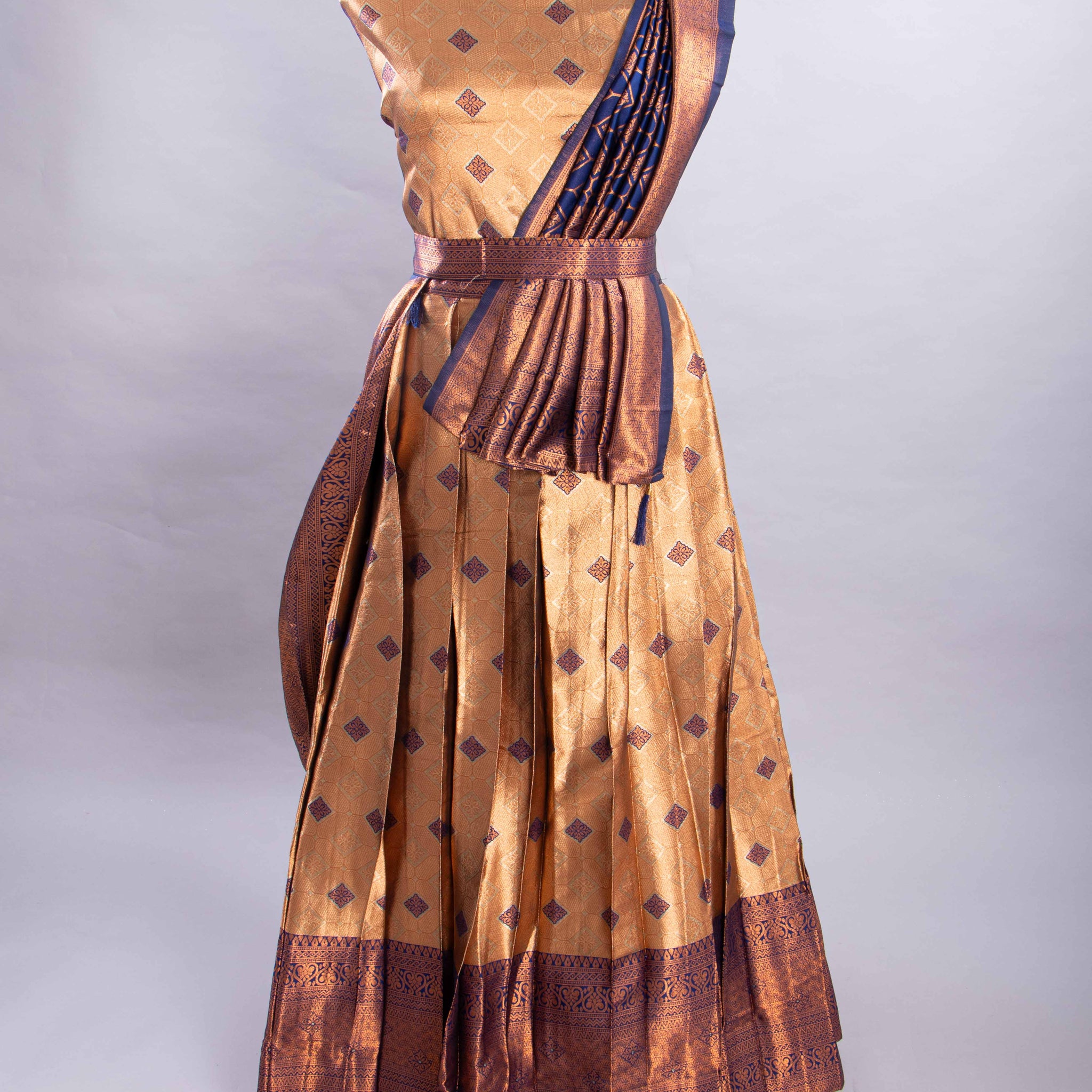 Gold With Dark Blue Colour Printed Semi - Stitched Lehenga