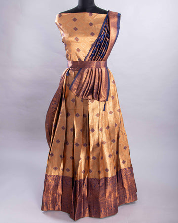 Gold With Dark Blue Colour Printed Semi - Stitched Lehenga
