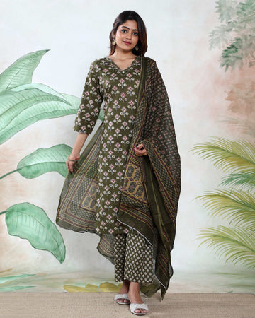 Women’s Floral Printed Readymade Salwar Suit Set with Dupatta Elegant Straight Kurta with Coordinated Pants - Olive Green