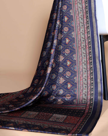 Navy Blue Art Silk Saree with Intricate Floral and Geometric Weave Pattern