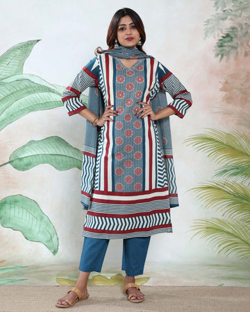 Women’s Readymade Cotton Salwar Suit Set with Striped & Printed Straight Kurta Coordinated Pants and Matching Dupatta - Multi