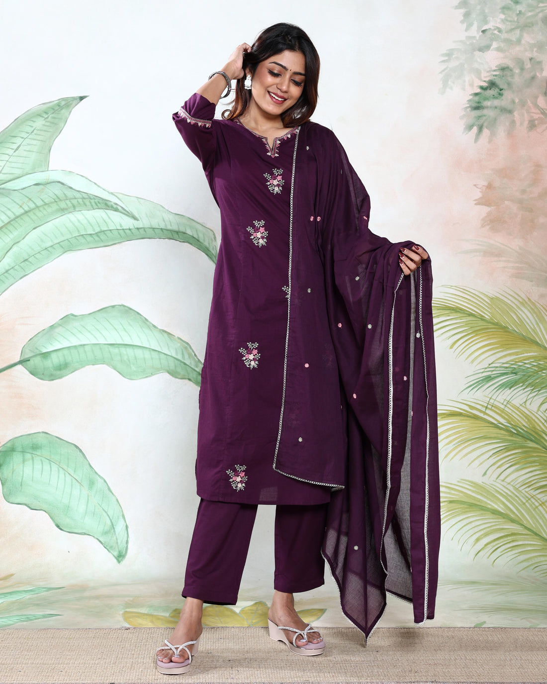 Elegant Embroidered Women’s Readymade Salwar Suit Set with Straight Kurta, Matching Pants and Lightweight Embellished Dupatta, Purple