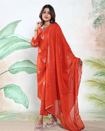 Elegant Embroidered Women’s Readymade Salwar Suit Set with Straight Kurta, Matching Pants and Lightweight Embellished Dupatta - Orange
