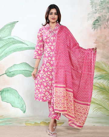 Elegant Floral Printed Women’s Readymade Salwar Suit Set with Dupatta – Straight Fit Kurta with Ethnic Motif Design and Matching Pants - Pink