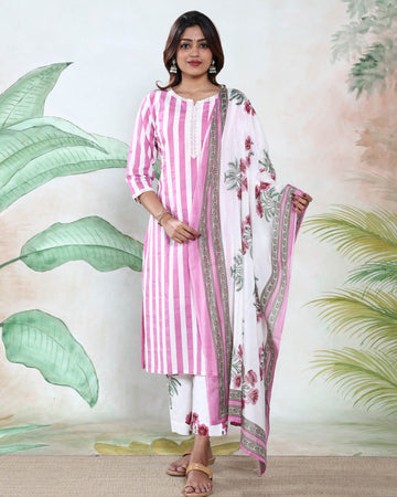 Women’s Striped & Floral Printed Readymade Salwar Suit Set with Straight Kurta Printed Pants and Matching Dupatta - Pink & White