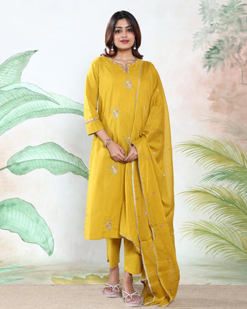 Elegant Embroidered Women’s Readymade Salwar Suit Set with Dupatta – Straight Kurta & Matching Pants – Mustard