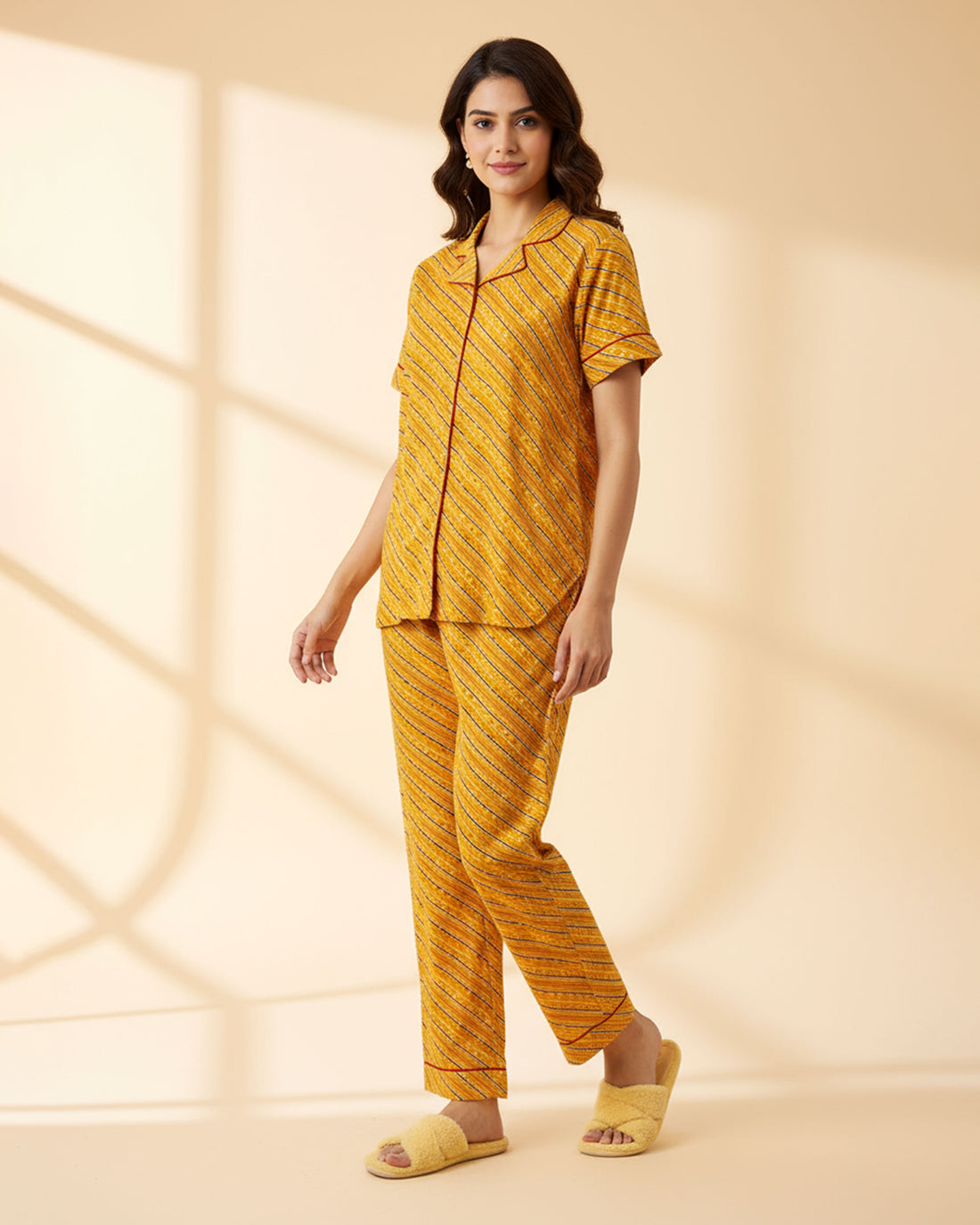 Women's Striped Print Short Sleeve  - Mustard