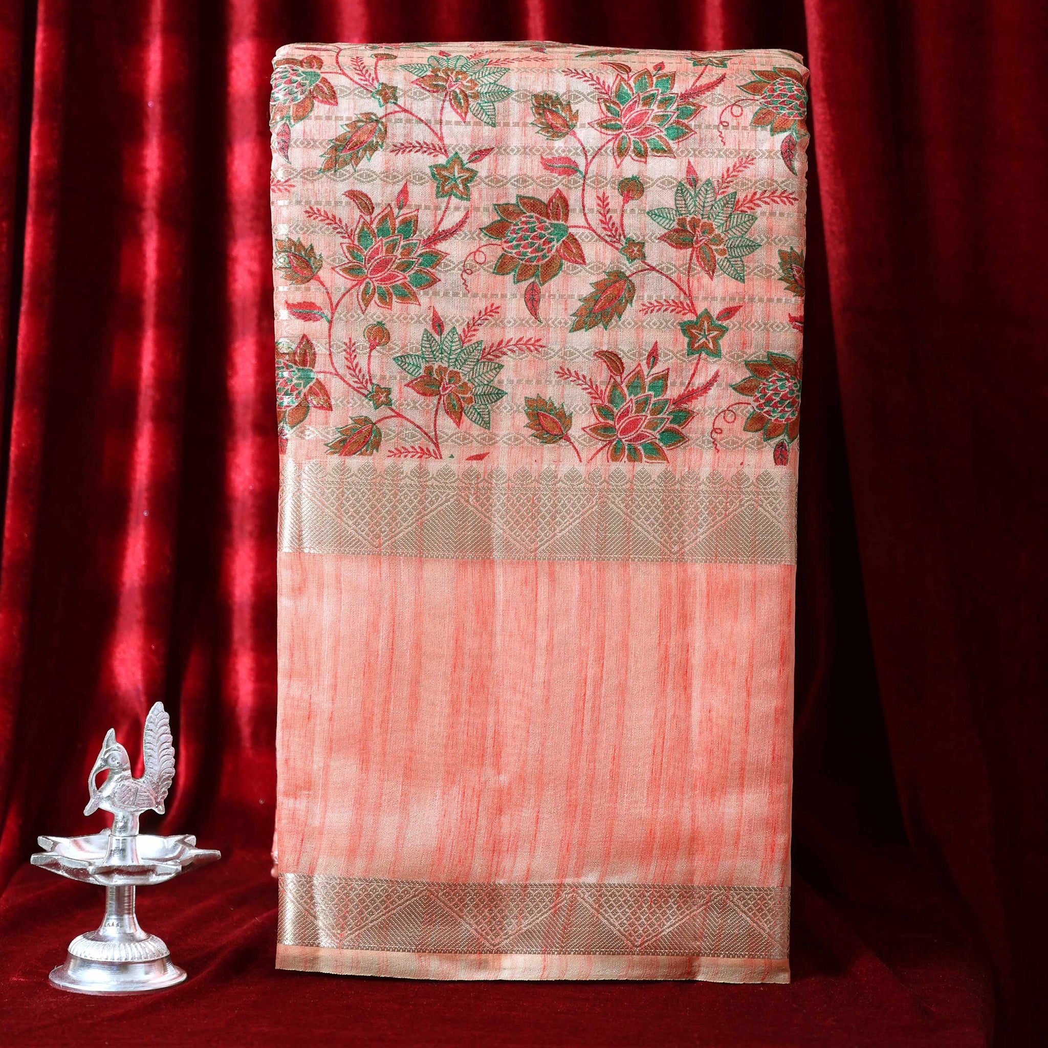 Elegance in Floral Print Semi Silk Saree  - Peach