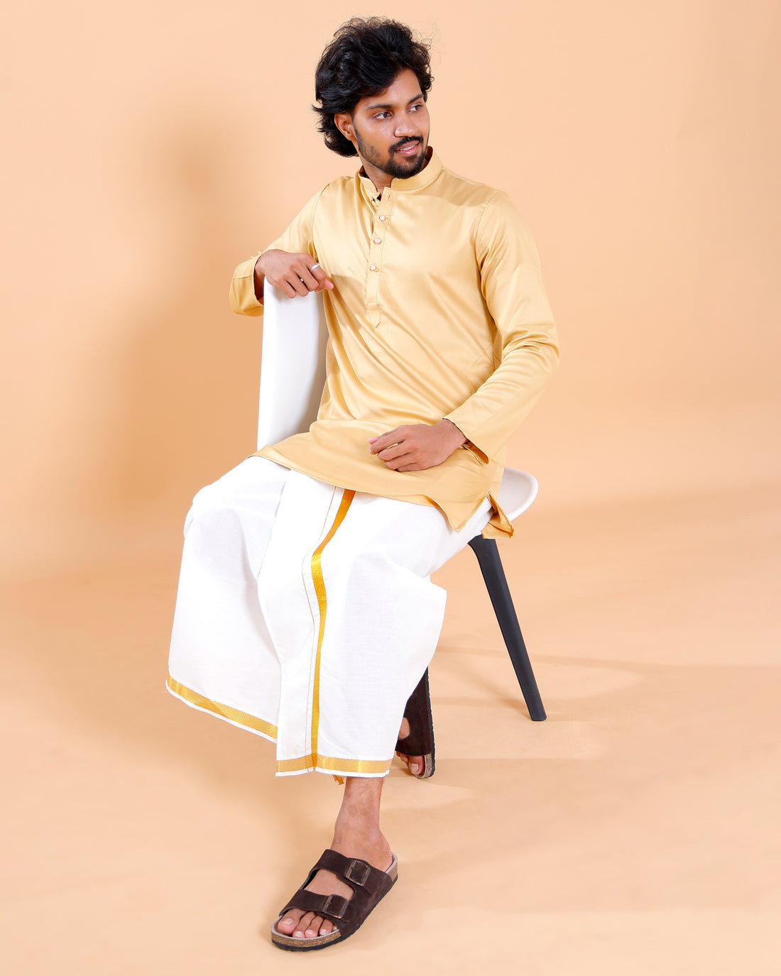 Elegant Men's Solid Mandarin Collar Kurta with Full Sleeves - Sandal