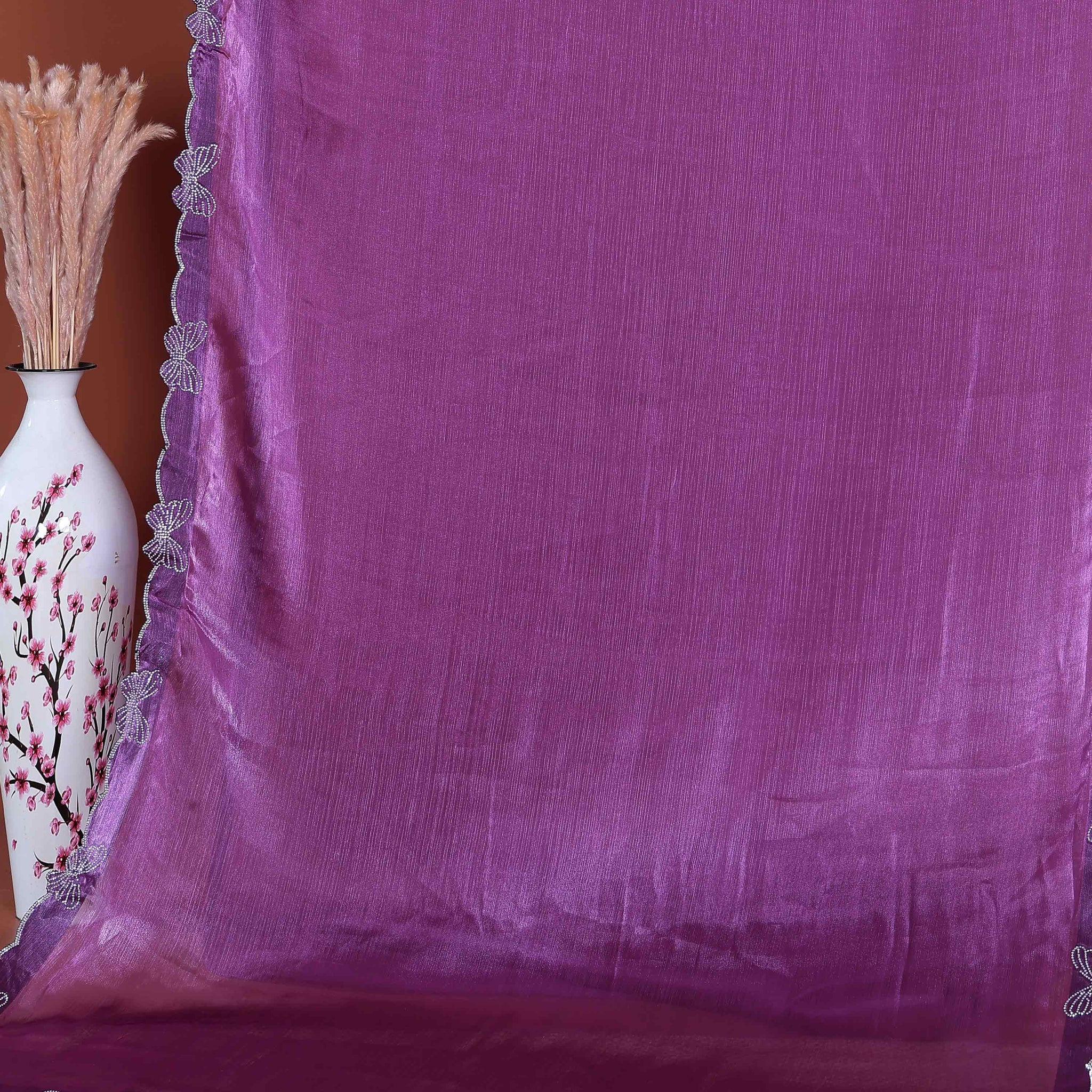 Elegant Fancy Saree with Subtle Sheen Finish & Delicate Butterfly Patterned Lace Border - Purple