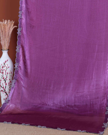 Elegant Fancy Saree with Subtle Sheen Finish & Delicate Butterfly Patterned Lace Border - Purple