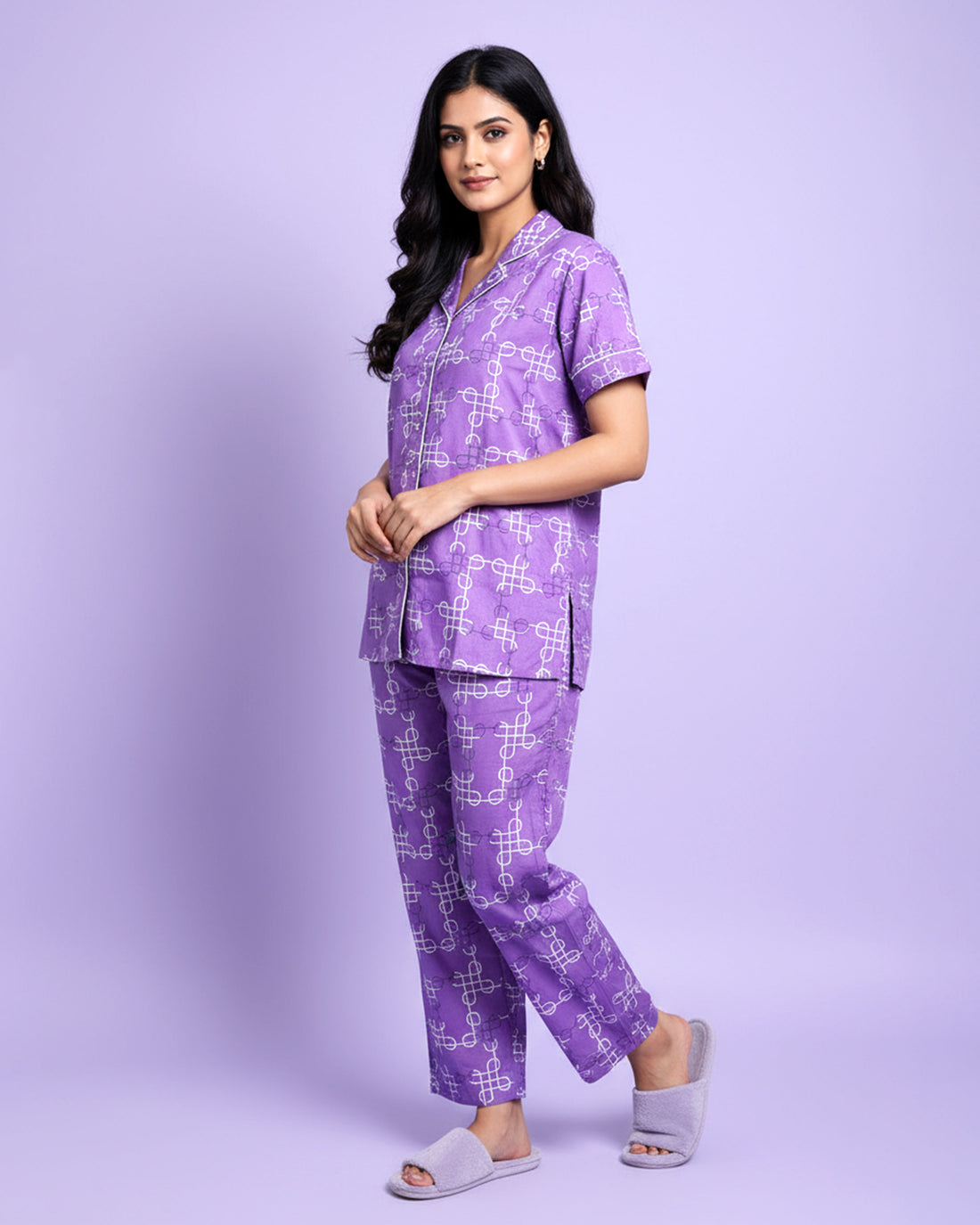 Women's Geometric Link Print Short Sleeve Night Wear - Lavender