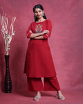 Women’s Elegant Straight Kurta Set with Intricate Embroidered Yoke 3/4th Sleeves and Comfortable Coordinated Pants, Red