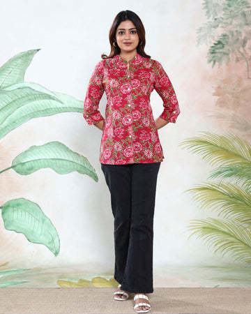 Women’s Floral Print Straight Kurti Top with Mandarin Collar and 3/4th Sleeves - Red
