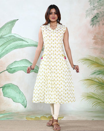 Women’s Printed A-Line Kurta with V-Neck Sleeveless Design and Stylish Button Down Front - Off White