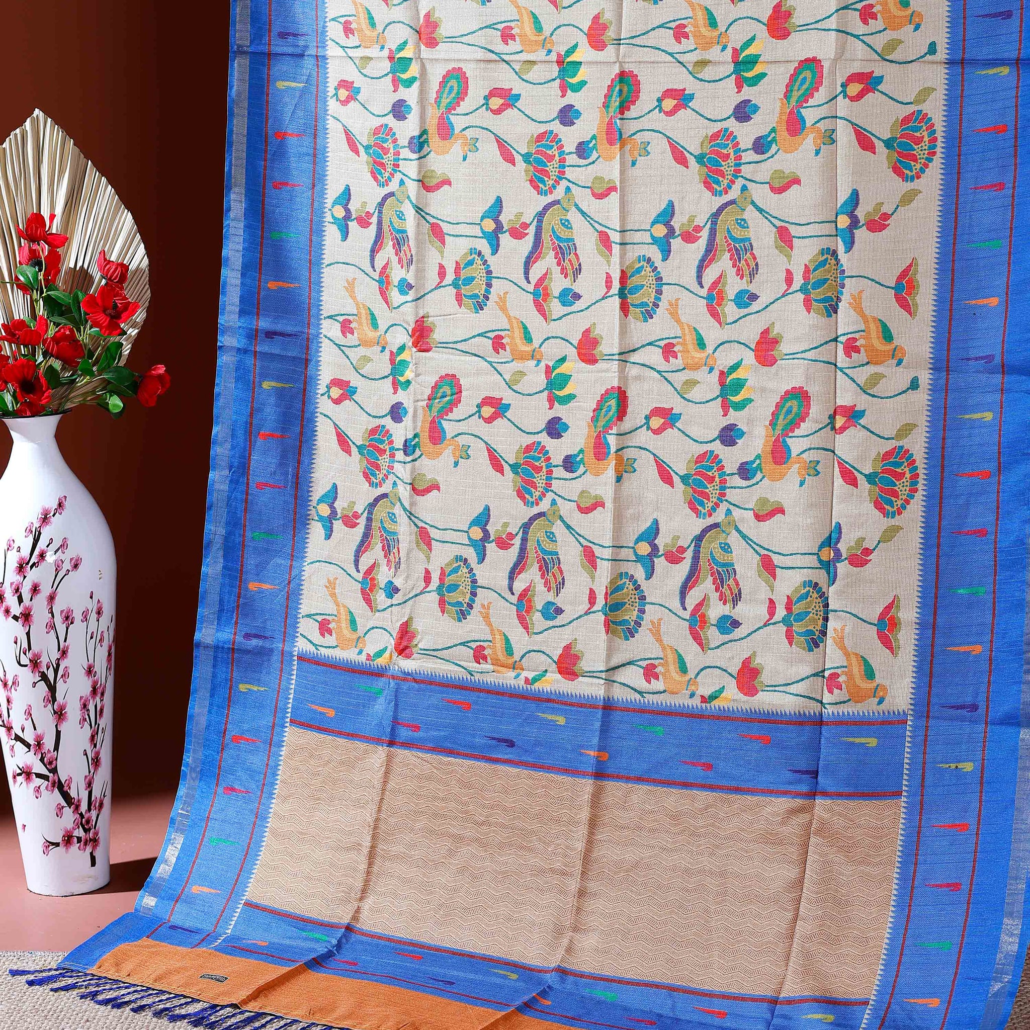 Traditional Kota Cotton Saree with Intricate Floral and Paisley Weaving and Contrast Woven Border - Sandal