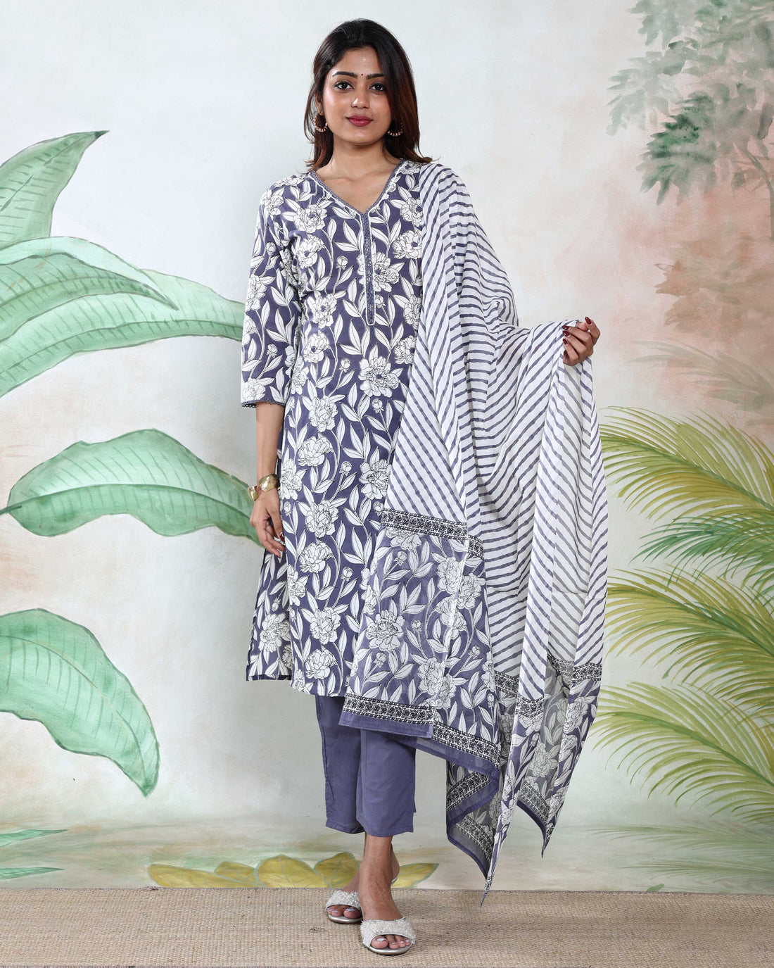 Women’s Readymade Salwar Suit Set with Floral Printed Straight Kurta, Pants & Striped Dupatta, Grey