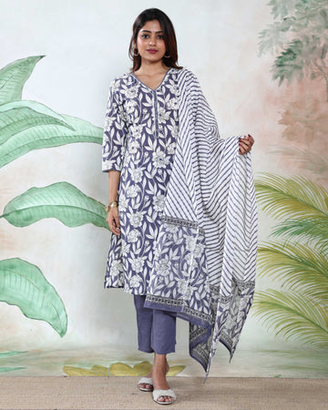 Women’s Readymade Salwar Suit Set with Floral Printed Straight Kurta, Pants & Striped Dupatta, Grey