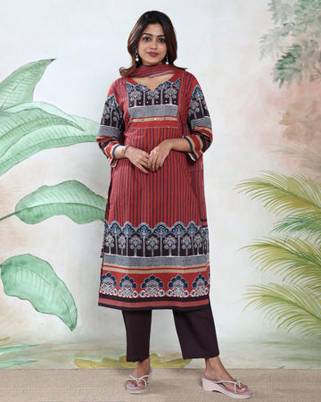 Elegant Ethnic Printed Women’s Readymade Salwar Suit Set with Straight Cut Kurta Coordinated Bottom and Lightweight Dupatta - Maroon