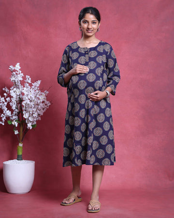 Women’s Printed Maternity Wear With Feeding Zip - Navy Blue