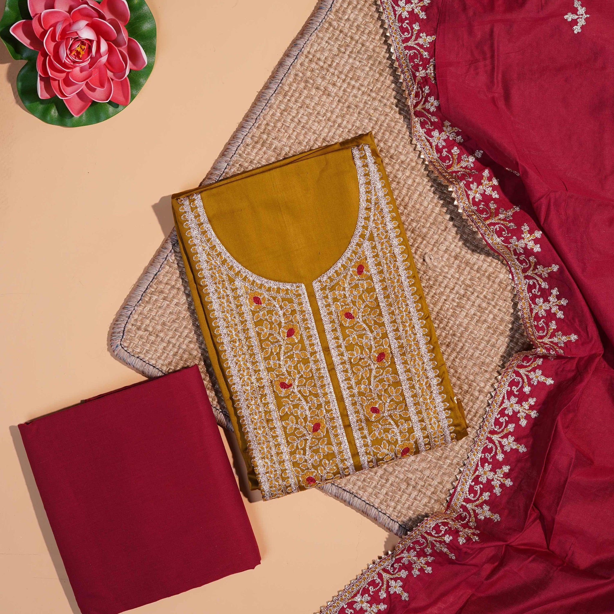 Unstitched Salwar Material with Intricate Floral Embroidery - Green