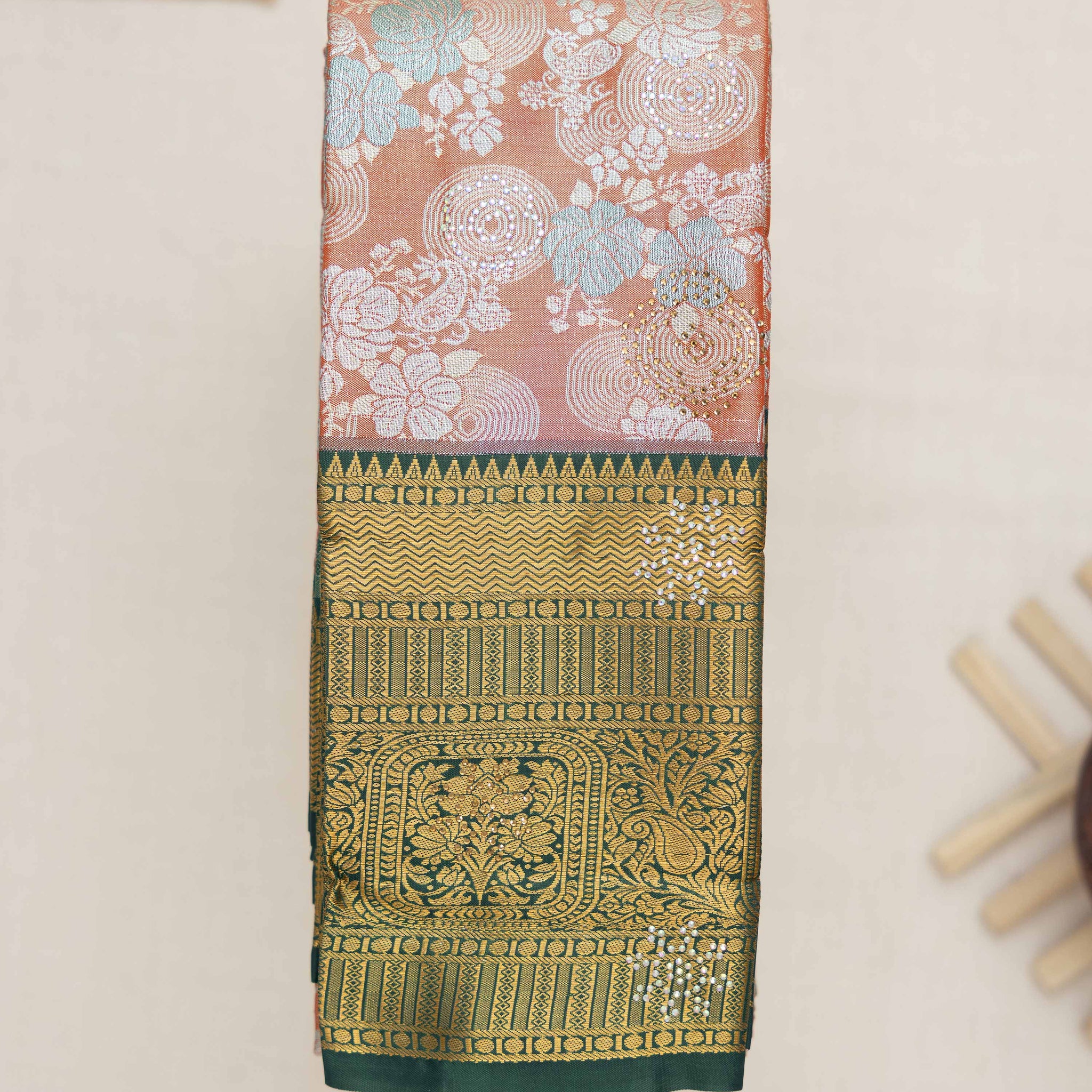 Kanchipuram Tissue Silk Saree with Floral Brocade Weaving and Grand Contrast Zari Border - Peach