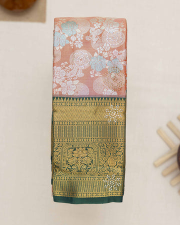 Kanchipuram Tissue Silk Saree with Floral Brocade Weaving and Grand Contrast Zari Border - Peach