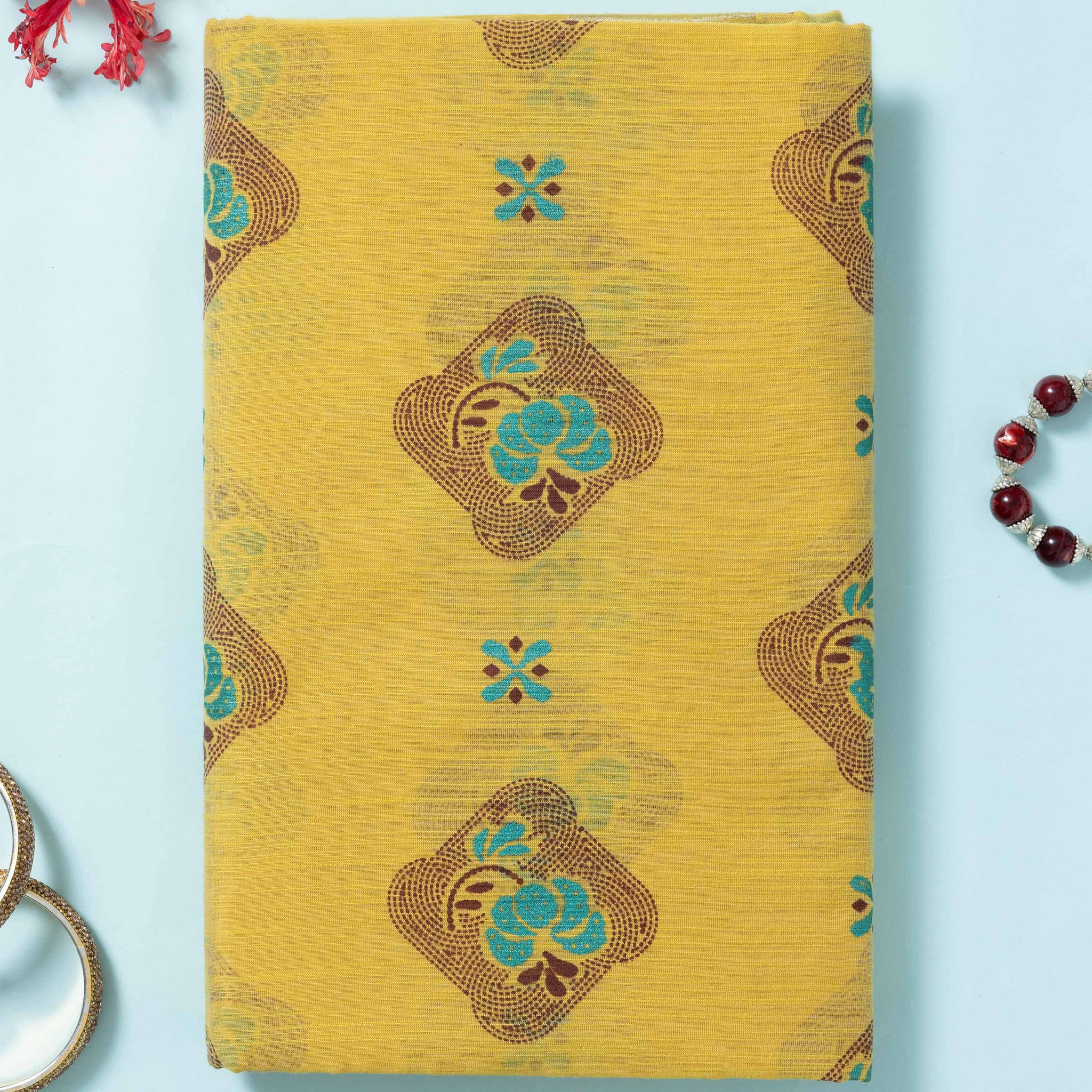 Elegance in Floral Print Semi Silk Saree  - Yellow