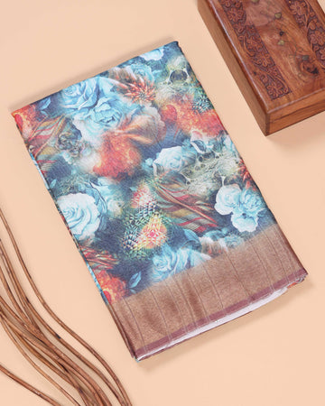 Floral Pattern Dola Silk Saree With Woven Border - Multi
