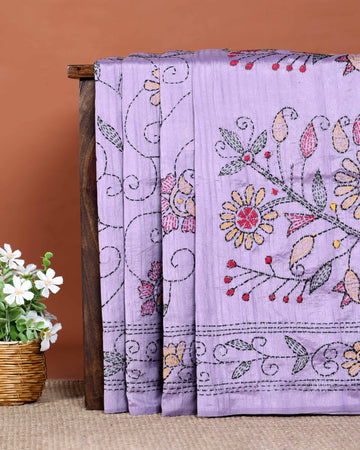 Elegant Hand Embroidered Kantha Work Tussar Saree with Detailed Floral Motifs - Lavender