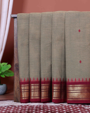 Traditional Chettinad Cotton Saree with Traditional Temple Border & Subtle Body Motifs - Brown