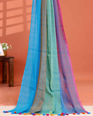 Handwoven Mul Mul Cotton Saree with Bold Striped Pattern and Tassel Detailing – Multi