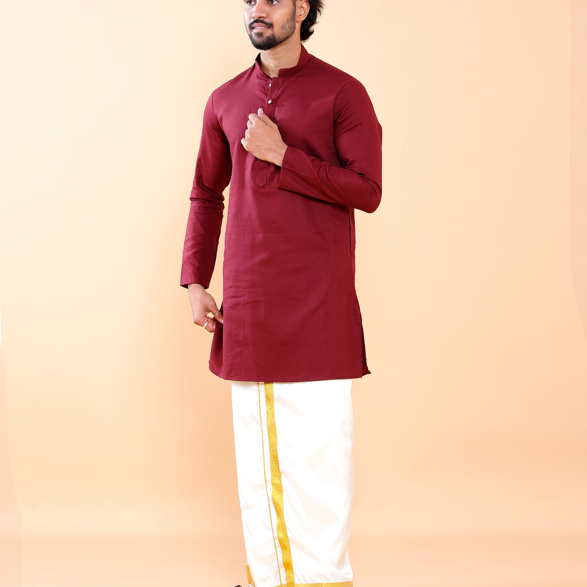 Elegant Men's Woven Design Kurta with Mandarin Collar and Full Sleeves - Maroon