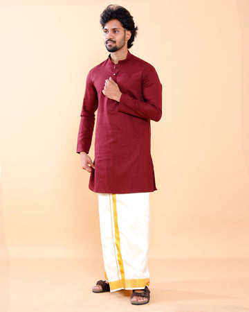 Elegant Men's Woven Design Kurta with Mandarin Collar and Full Sleeves - Maroon