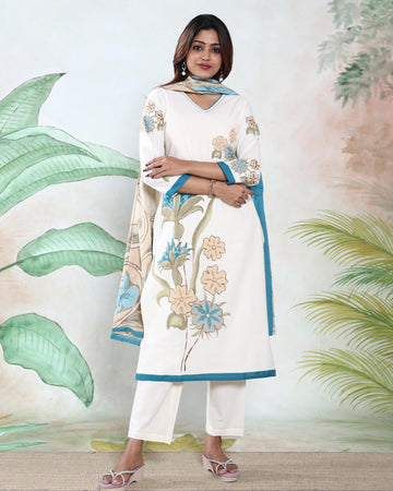 Women’s Readymade Salwar Suit Set with Floral Printed Straight Kurta, Matching Pants and Elegant Dupatta – Off White