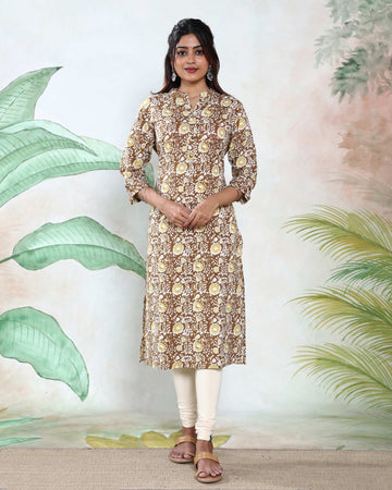 Women’s Floral Printed Straight Fit Kurta with 3/4 Sleeves and Mandarin Collar - Brown
