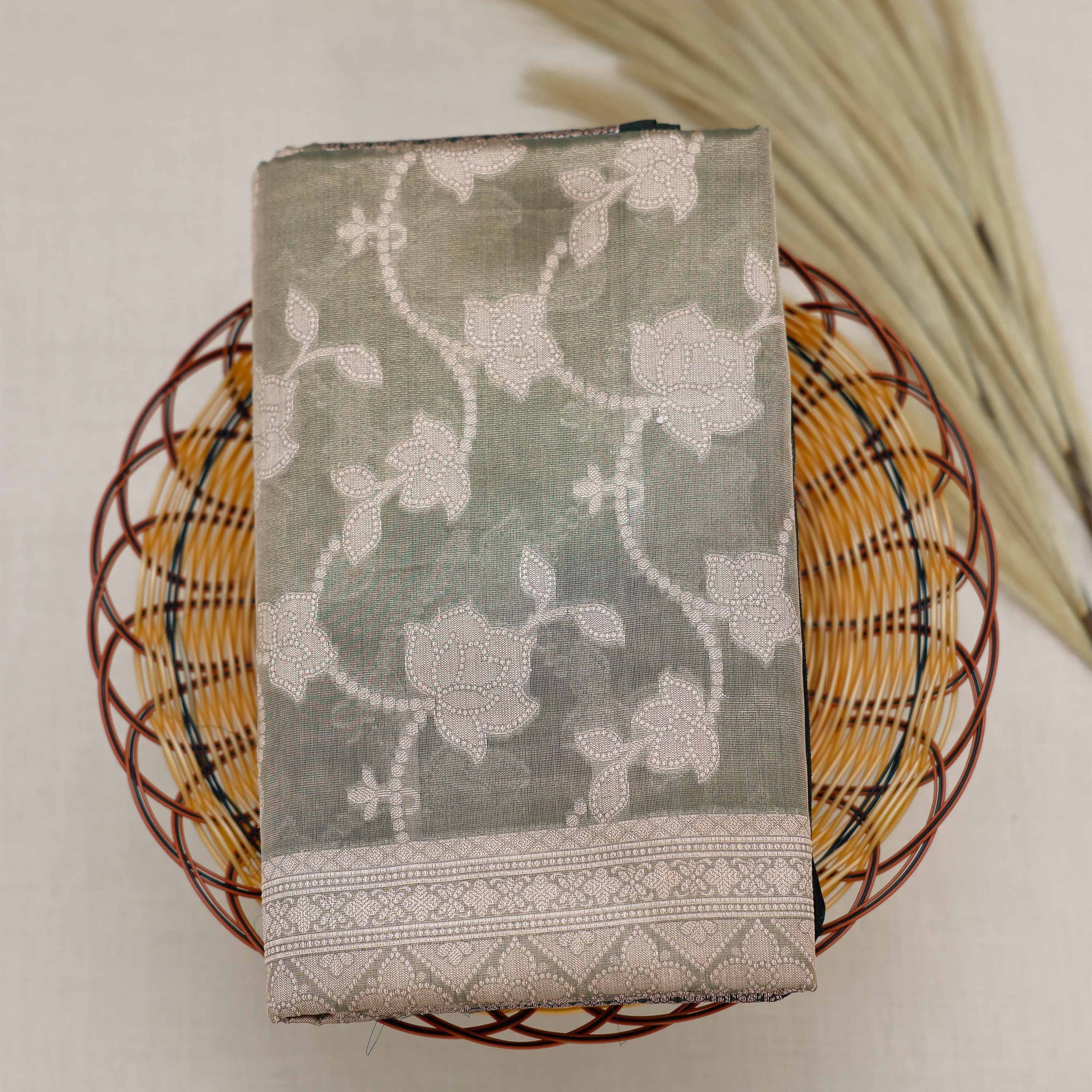 Green Color Floral Design Tissue Saree