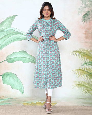Women’s Floral Printed Straight Fit Kurta with Mandarin Collar Button-Down Front and 3/4th Sleeves - Green