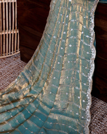 Elegant Sequence Embellished Fancy Saree With a Scalloped Border - Mint Green