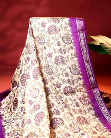 Elegant Dola Saree with Floral Butta Motifs and Classic Zari Woven Contrast Border - Cream