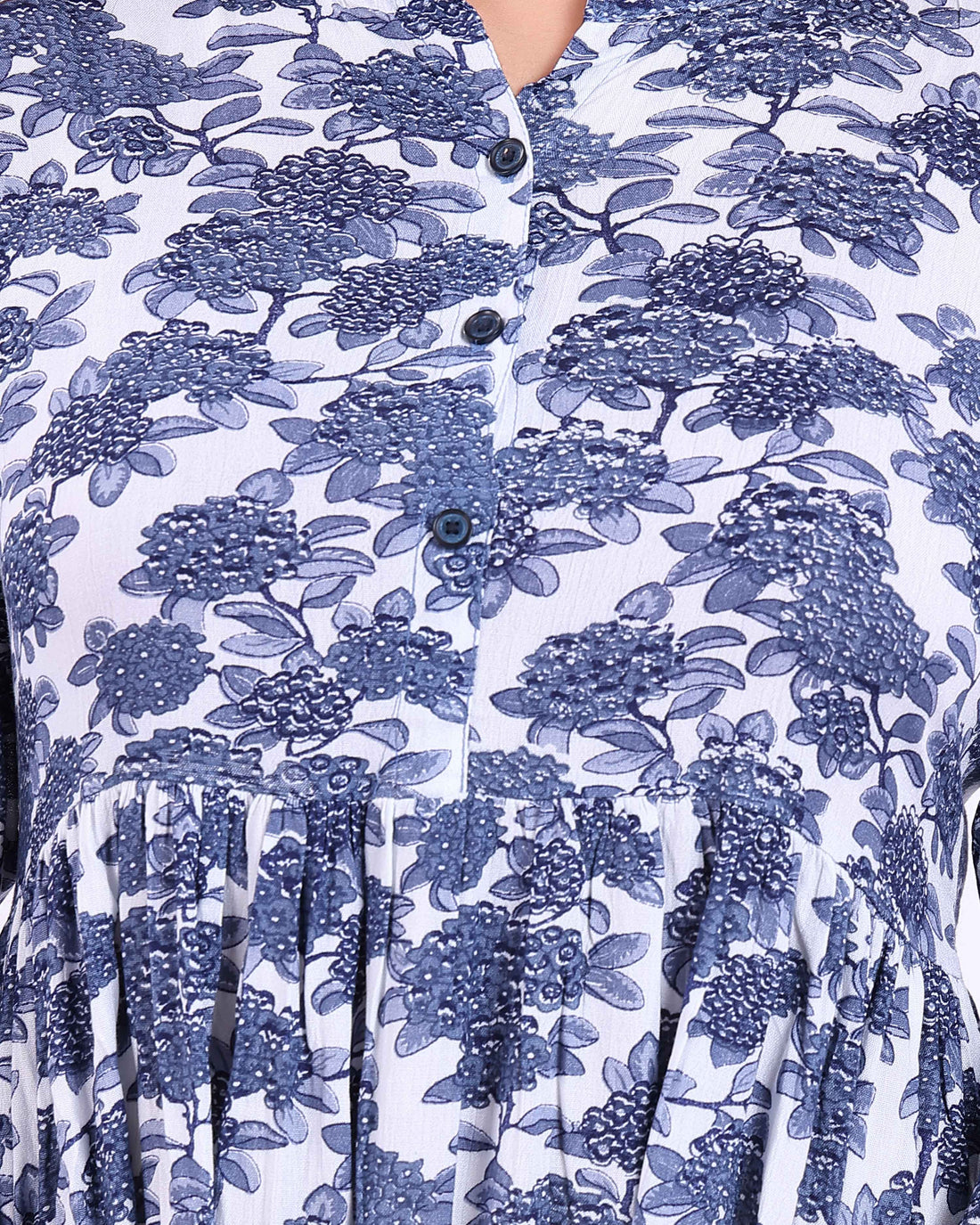 Women's Floral Printed Mandarin Collar A-line Kurta - Blue
