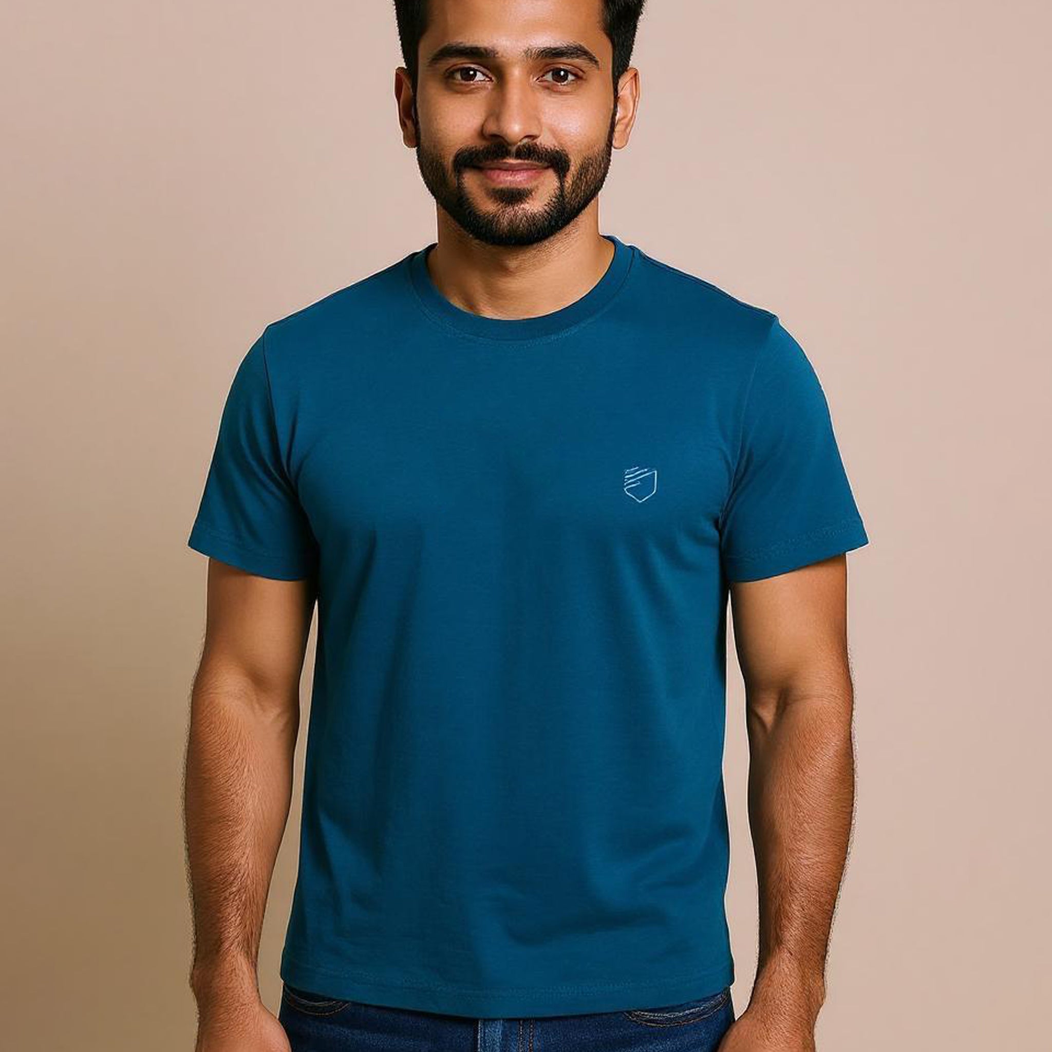JASE Men's Solid Round Neck Half Sleeve Regular Fit T-Shirt - Turquoise Blue