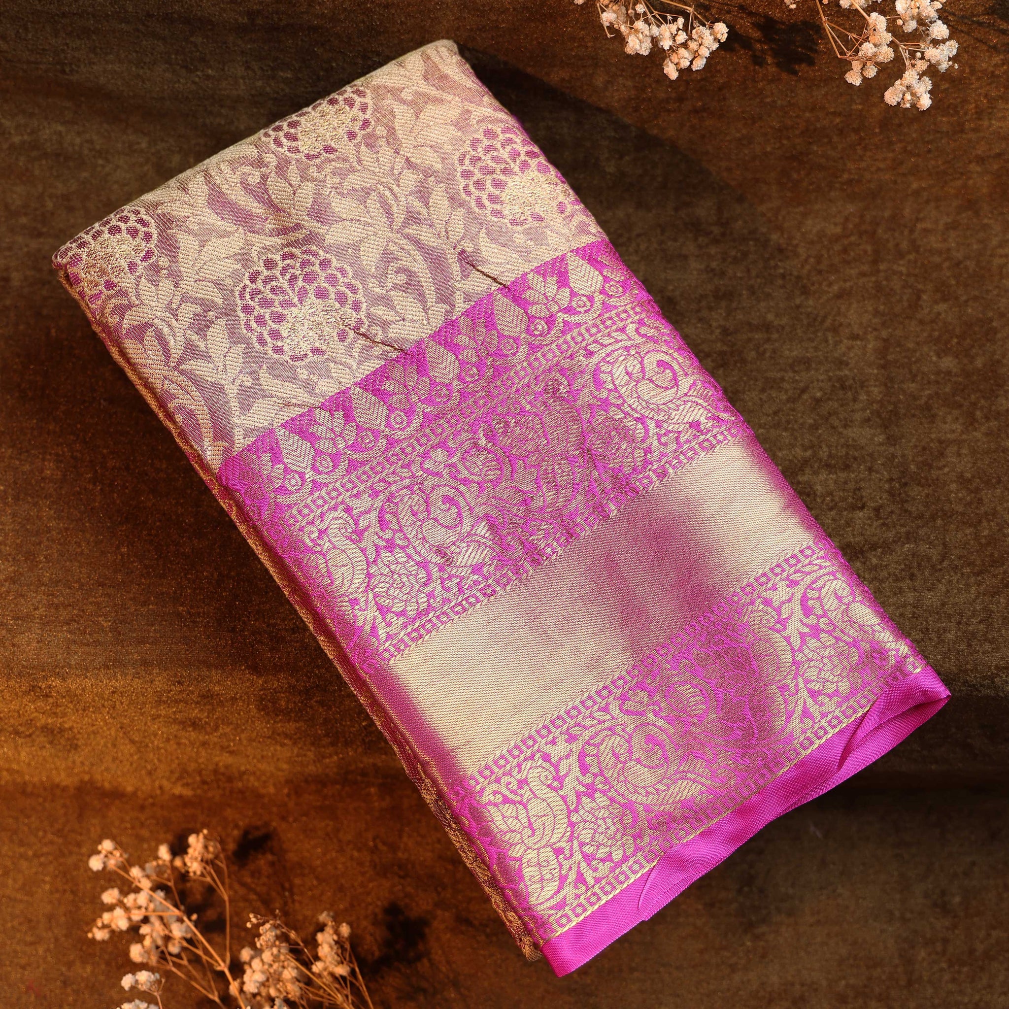 Ethnic Thread Design Litchi Silk Saree - Pink