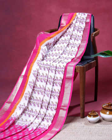 Elegant Dola Saree with Traditional Ikkat Inspired Woven Motifs and Classic Zari Border - Off White