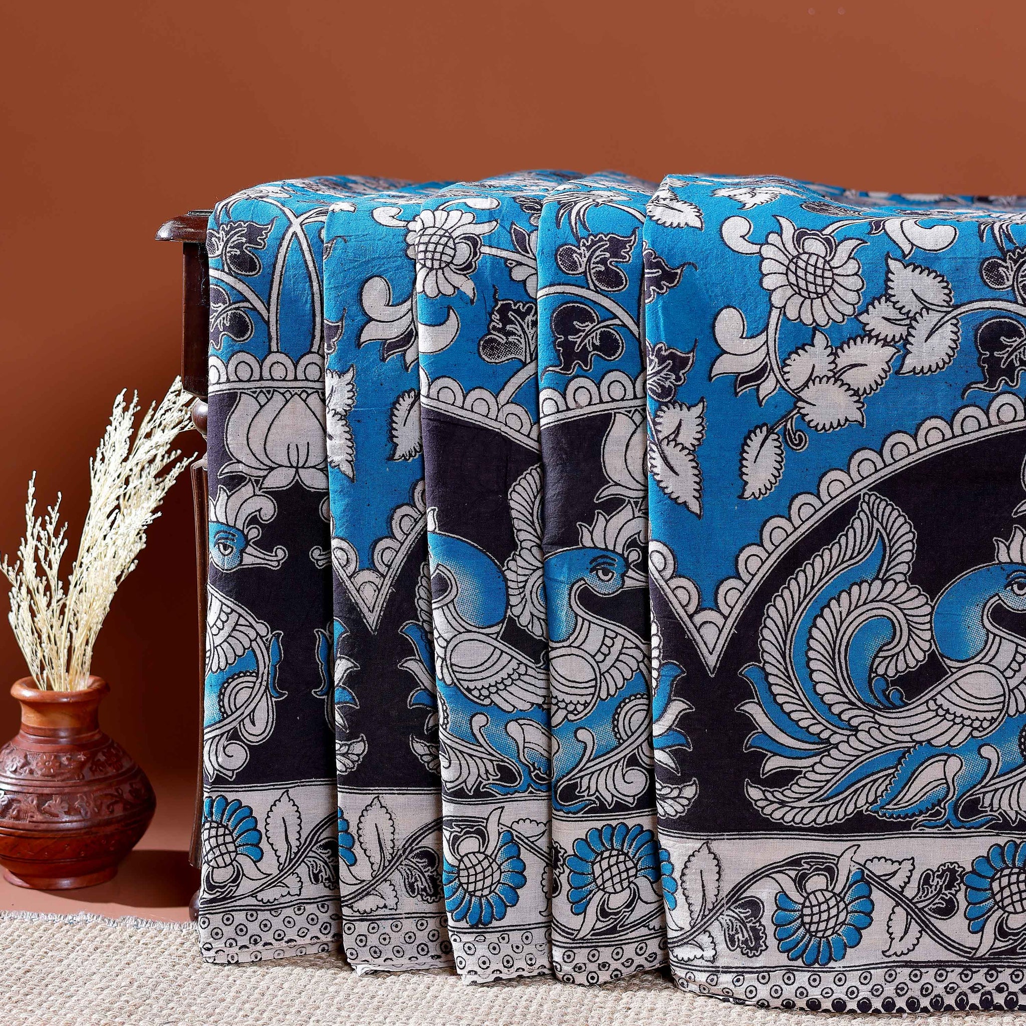 Traditional Handloom Kalamkari Cotton Saree with Intricate Floral and Avian Motifs - Blue